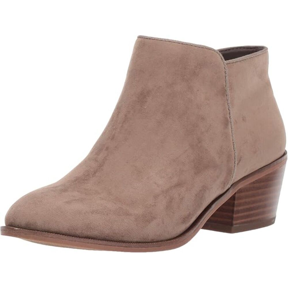 Women's Taupe Leather Block Heel Round Toe Casual Ankle Boots